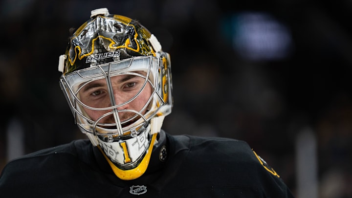 Jan 13, 2026; Boston, Massachusetts, USA; Boston Bruins goaltender Jeremy Swayman (1) during the second period against the Detroit Red Wings at TD Garden. Mandatory Credit: Natalie Reid-Imagn Images