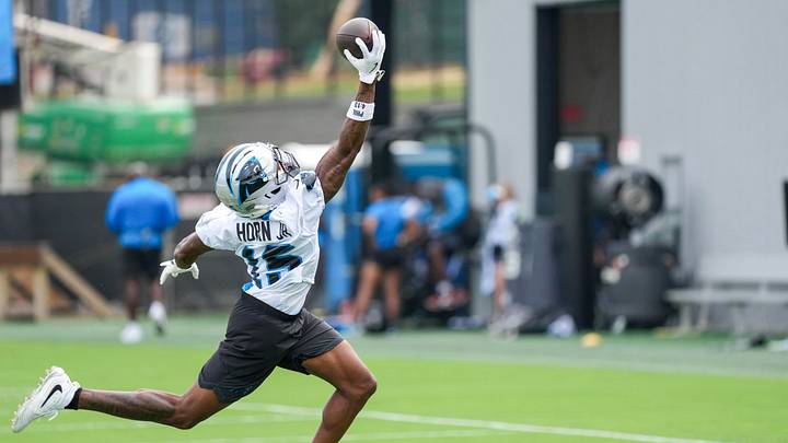 Carolina Panthers wide receiver Jimmy Horn Jr. (15) makes a one handed catch during training camp Carolina Panthers wide receiver Jimmy Horn Jr. (15) makes a one handed catch during training camp
