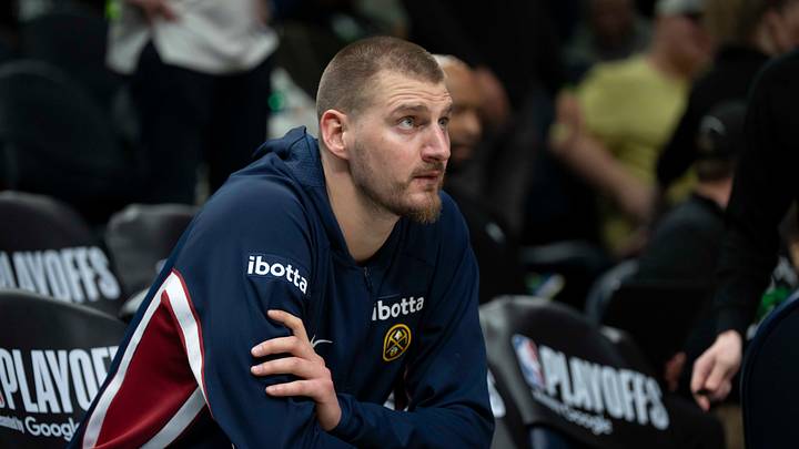 Apr 30, 2026; Minneapolis, Minnesota, USA; Denver Nuggets center Nikola Jokic (15) seats on the bench before the second half begins against the Minnesota Timberwolves during game six of the first round of the 2026 NBA Playoffs at Target Center. Mandatory Credit: Jesse Johnson-Imagn Images Apr 30, 2026; Minneapolis, Minnesota, USA; Denver Nuggets center Nikola Jokic (15) seats on the bench before the second half begins against the Minnesota Timberwolves during game six of the first round of the 2026 NBA Playoffs at Target Center. Mandatory Credit: Jesse Johnson-Imagn Images