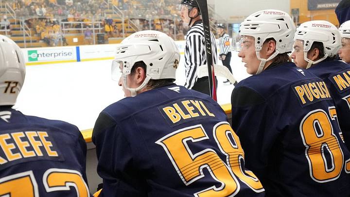 Nashville Predators 2026 first round pick Tommy Bleyel (58) watches a scrimmage at development camp. Nashville Predators 2026 first round pick Tommy Bleyel (58) watches a scrimmage at development camp.