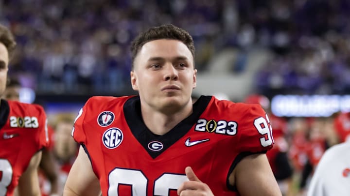 Jan 9, 2023; Inglewood, CA, USA; Georgia Bulldogs punter Brett Thorson (92) against the TCU Horned Frogs during the CFP national championship game at SoFi Stadium. Mandatory Credit: Mark J. Rebilas-Imagn Images