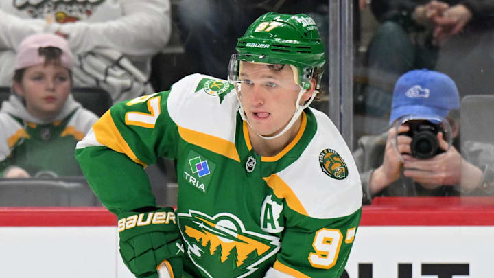 Mar 3, 2026; Saint Paul, Minnesota, USA;  Minnesota Wild forward Kirill Kaprizov (97) controls the puck against the Tampa Bay Lightning during the second period at Grand Casino Arena. Mandatory Credit: Nick Wosika-Imagn Images