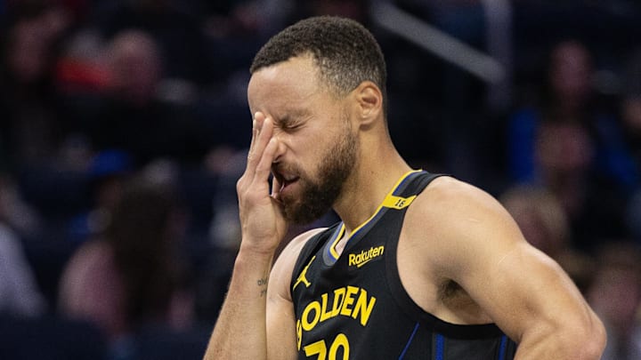Golden State Warriors guard Stephen Curry (30) reacts after being struck in the face during the second quarter against the Memphis Grizzlies at Chase Center. Mandatory Credit: D. Ross Cameron-Imagn Images Golden State Warriors guard Stephen Curry (30) reacts after being struck in the face during the second quarter against the Memphis Grizzlies at Chase Center. Mandatory Credit: D. Ross Cameron-Imagn Images