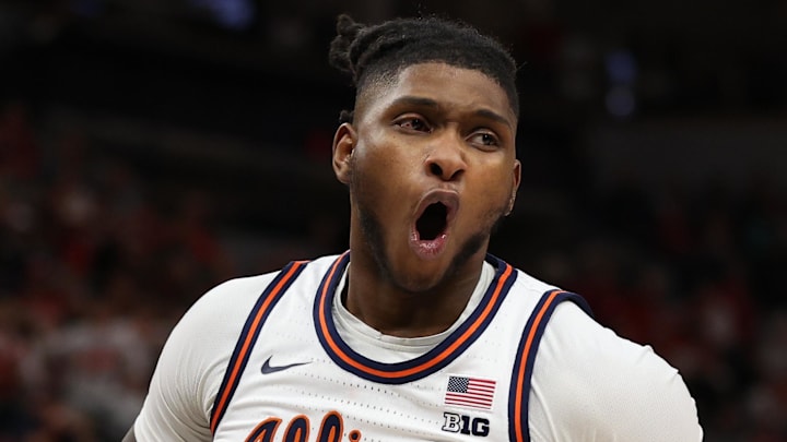 Mar 17, 2024; Minneapolis, MN, USA; Illinois Fighting Illini forward Dain Dainja (42) celebrates in the second half against the Wisconsin Badgers at Target Center. Mandatory Credit: Matt Krohn-Imagn Images Mar 17, 2024; Minneapolis, MN, USA; Illinois Fighting Illini forward Dain Dainja (42) celebrates in the second half against the Wisconsin Badgers at Target Center. Mandatory Credit: Matt Krohn-Imagn Images