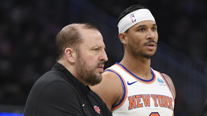 Dec 5, 2023; Milwaukee, Wisconsin, USA; New York Knicks coach Tom Thibodeau talks with New York Dec 5, 2023; Milwaukee, Wisconsin, USA; New York Knicks coach Tom Thibodeau talks with New York