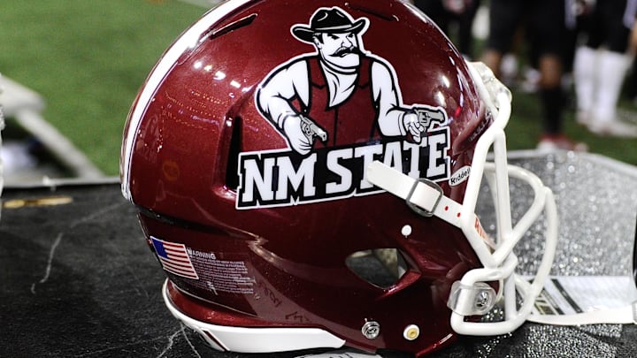 Aug 31, 2019; Pullman, WA, USA; New Mexico State Aggies helmet sits during a football game against