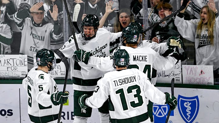Michigan State celebrates a goal by Tommi Mannisto during the third period in the game against New Hampshire on Thursday, Oct. 9, 2025, at Munn Ice Arena in East Lansing.