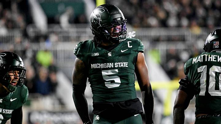 Michigan State's Jordan Hall celebrates after a stop against Michigan during the second quarter on Saturday, Oct. 25, 2025, at Spartan Stadium in East Lansing. Michigan State's Jordan Hall celebrates after a stop against Michigan during the second quarter on Saturday, Oct. 25, 2025, at Spartan Stadium in East Lansing.