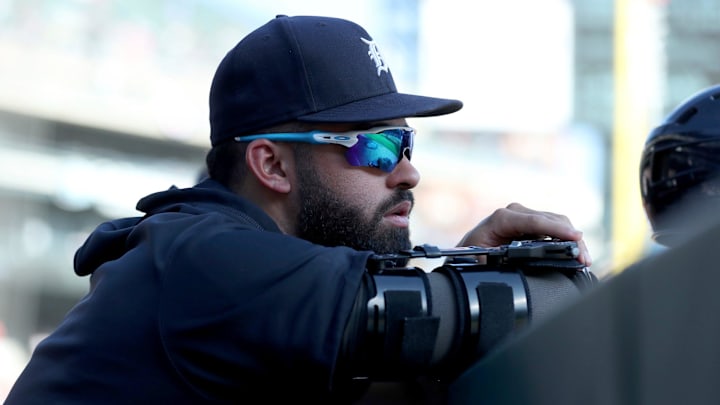 Detroit Tigers center fielder Riley Greene (31) watches the action against the Cleveland Guardians