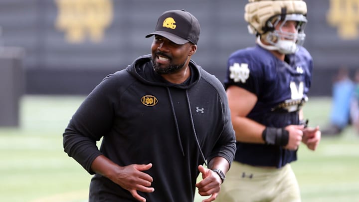 Notre Dame defensive line coach Al Washington smiles during a practice Friday, August 2, 2024, at the Irish Athletics Center in South Bend. Notre Dame defensive line coach Al Washington smiles during a practice Friday, August 2, 2024, at the Irish Athletics Center in South Bend.