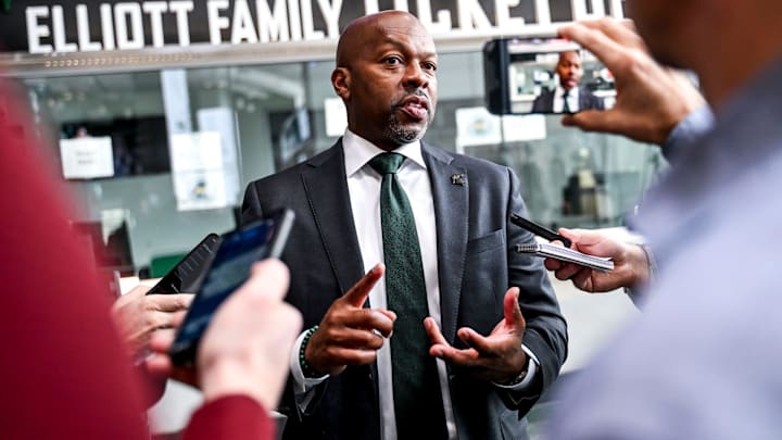 Michigan State Athletic Director Alan Haller talks with the media during new volleyball coach Kristen Kelsay's introductory press conference on Wednesday, Jan. 8, 2025, at the Breslin Center in East Lansing.