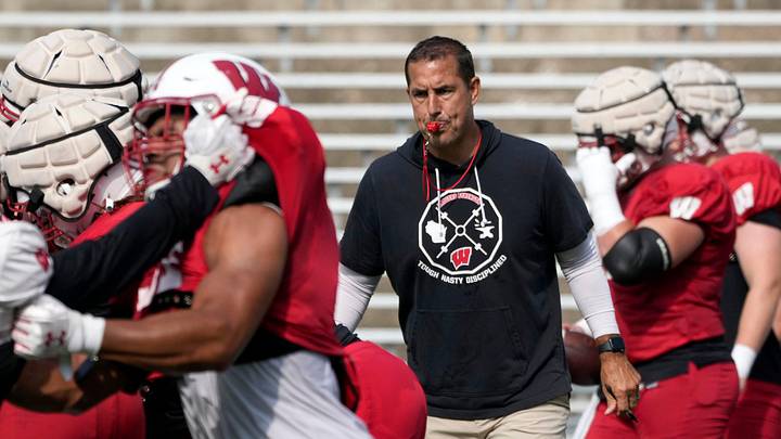 Wisconsin Badgers head coach Luke Fickell watches a drill during fall training camp at Camp Randall Stadium in Madison on Thursday, Aug. 10, 2023. - Mike De Sisti / The Milwaukee Journal Sentinel