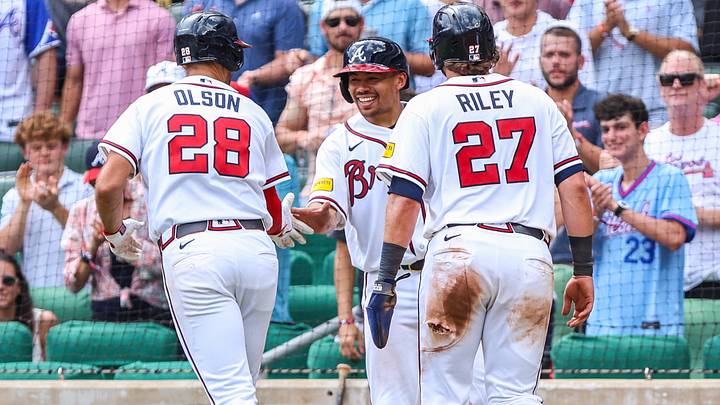 Aug 16, 2026; Cumberland, Georgia, USA; Atlanta Braves first baseman Matt Olson (28) celebrates hitting a home run against the Arizona Diamondbacks with catcher Drake Baldwin (30) and third baseman Austin Riley (27) during the seventh inning at Truist Park. Mandatory Credit: Jordan Godfree-Imagn Images Aug 16, 2026; Cumberland, Georgia, USA; Atlanta Braves first baseman Matt Olson (28) celebrates hitting a home run against the Arizona Diamondbacks with catcher Drake Baldwin (30) and third baseman Austin Riley (27) during the seventh inning at Truist Park. Mandatory Credit: Jordan Godfree-Imagn Images