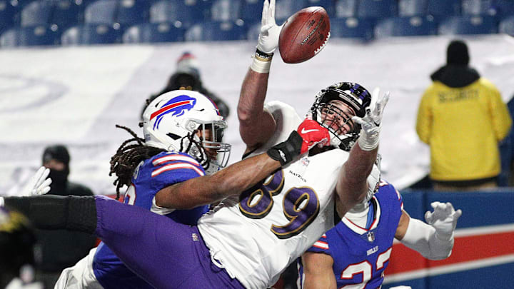 Bills linebacker Tremaine Edmunds breaks up a pass in the end zone intended for Ravens Mark Andrews.