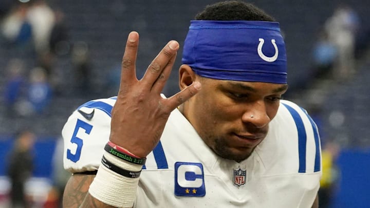Indianapolis Colts quarterback Anthony Richardson (5) celebrates as he leaves the field Sunday, Dec. 22, 2024, after winning a game against the Tennessee Titans at Lucas Oil Stadium in Indianapolis.