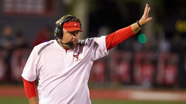 Bradford head coach Jamie Rodgers reacts during the first half of the 2A regional finals of the 2025 FHSAA Football State Championships at Bradford High School in Starke, FL on Friday, November 28, 2025. Cocoa won 17-10 with a touchdown in the final minute of the game.[Alan Youngblood/Gainesville Sun]