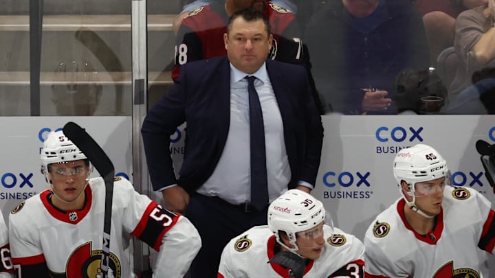 Jan 12, 2023; Tempe, Arizona, USA; Ottawa Senators  head coach D.J. Smith against the Arizona Coyotes at Mullett Arena. Mandatory Credit: Mark J. Rebilas-USA TODAY Sports