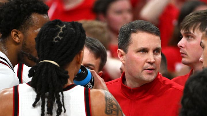 Feb 17, 2026; Raleigh, North Carolina, USA; NC State Wolfpack head coach Will Wade coaches the Wolfpack during the first half against the North Carolina Tar Heels at Lenovo Center. Mandatory Credit: Zachary Taft-Imagn Images