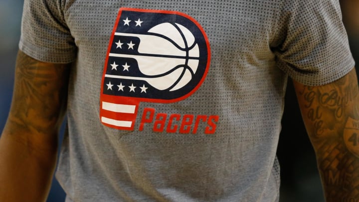 Nov 7, 2016; Charlotte, NC, USA;  A closeup view of the Indiana Pacers logo on their warm up shirts prior to the game against the Charlotte Hornets at Spectrum Center. The Hornets defeated the Pacers 122-100. Mandatory Credit: Jeremy Brevard-USA TODAY Sports