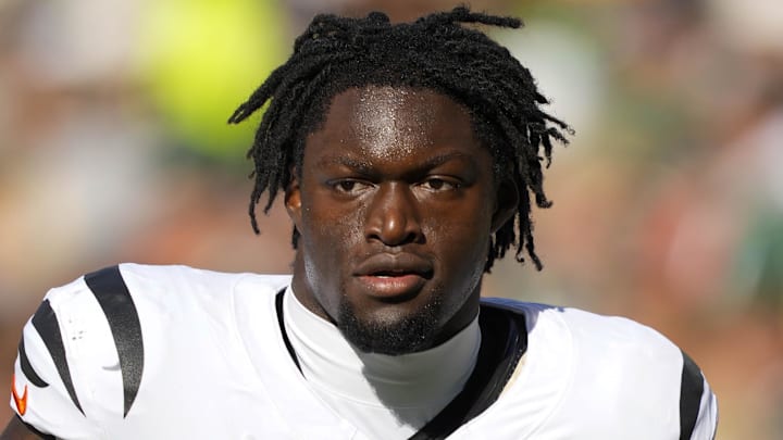 Oct 12, 2025; Green Bay, Wisconsin, USA;  Cincinnati Bengals linebacker Demetrius Knight Jr. (44) during warmups prior to the game against the Green Bay Packers at Lambeau Field. Mandatory Credit: Jeff Hanisch-Imagn Images