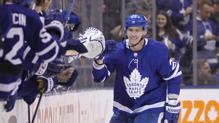Mar 2, 2019; Toronto, Ontario, CAN; Toronto Maple Leafs defenseman Nikita Zaitsev (22) celebrates his goal against the Buffalo Sabres at Scotiabank Arena. Toronto defeated Buffalo. Mandatory Credit: John E. Sokolowski-USA TODAY Sports