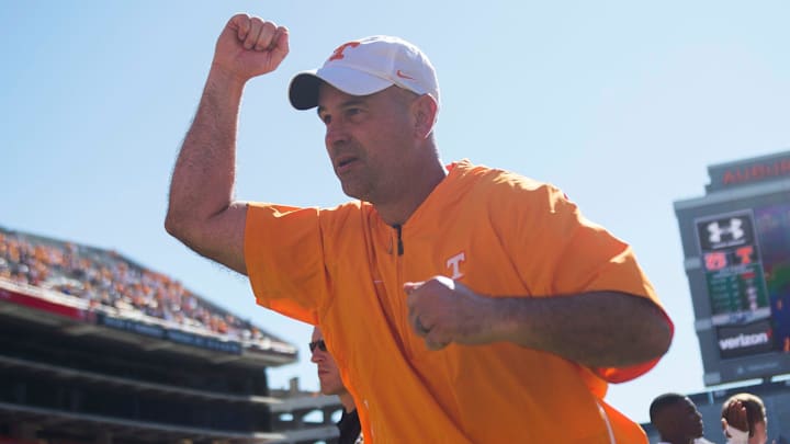 Tennessee Head Coach Jeremy Pruitt runs off the field after a game between Tennessee and Auburn at Jordan-Hare Stadium in Auburn, Ala. Saturday, Oct. 13, 2018. Tennessee defeated Auburn 30-24.

Auburntennessee1013 1831 RANK 10
