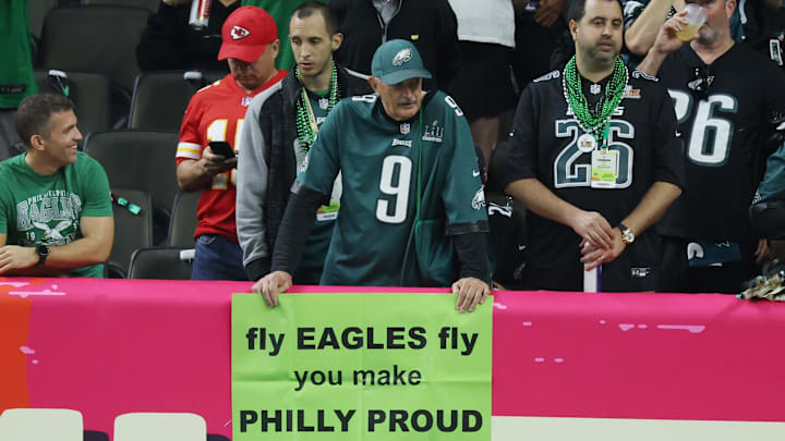 Feb 9, 2025; New Orleans, LA, USA; Philadelphia Eagles fans before Super Bowl LIX against the Kansas City Chiefs at Ceasars Superdome. Mandatory Credit: Stephen Lew-Imagn Images