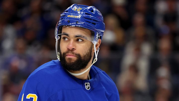 Mar 31, 2026; Buffalo, New York, USA;  Buffalo Sabres left wing Jordan Greenway (12) during a stoppage in play against the New York Islanders at KeyBank Center. Mandatory Credit: Timothy T. Ludwig-Imagn Images