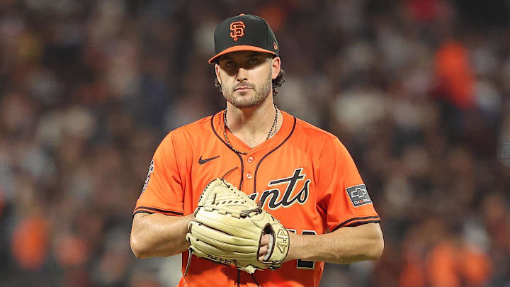 Sep 26, 2025; San Francisco, California, USA; San Francisco Giants starting pitcher Trevor McDonald (72) between pitches acolytes during the seventh inning at Oracle Park. Mandatory Credit: Kelley L Cox-Imagn Images