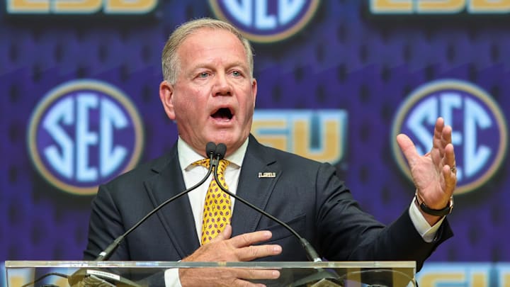 Jul 16, 2025; Atlanta, GA, USA; LSU Tigers head coach Brian Kelly talks to the media during SEC Media Day at Omni Atlanta Hotel. Mandatory Credit: Jordan Godfree-Imagn Images