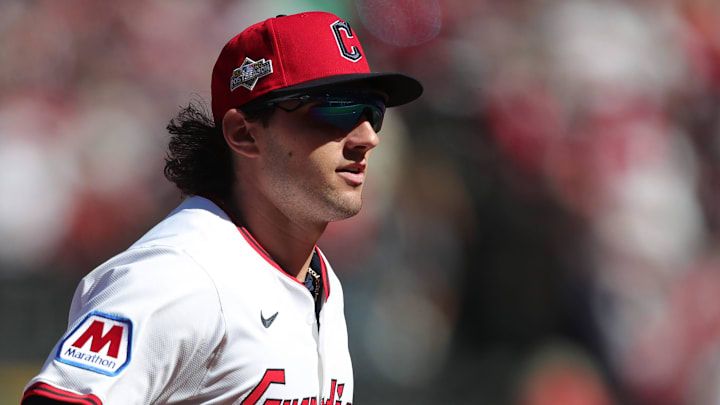 Cleveland Guardians center fielder Chase DeLauter (34) jogs back to the dugout during the first inning of Game 2 of the American League wild card series at Progressive Field, Oct. 1, 2025, in Cleveland, Ohio.