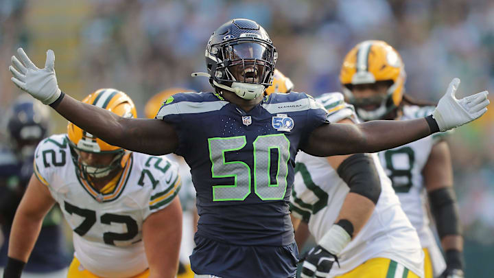 Seattle Seahawks linebacker Jamie Sheriff (50) celebrates a sack against the Green Bay Packers on Saturday, August 23, 2025, at Lambeau Field in Green Bay, Wis. The Packers defeated the Seahawks 20-7.