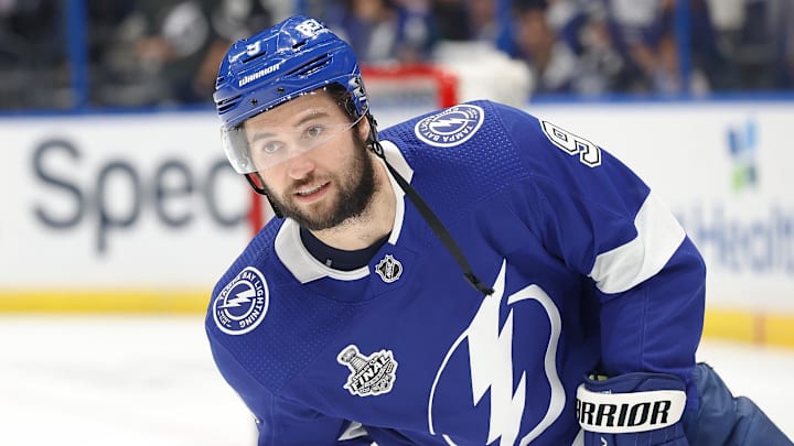 Jul 7, 2021; Tampa, Florida, USA; Tampa Bay Lightning center Tyler Johnson (9) warms up before game five of the 2021 Stanley Cup Final against the Montreal Canadiens at Amalie Arena. Mandatory Credit: Kim Klement-Imagn Images