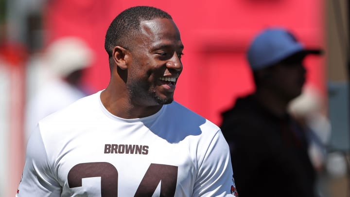 Browns running back Nick Chubb is all smiles on the sideline during minicamp, Tuesday, June 11, 2024, in Berea. Browns running back Nick Chubb is all smiles on the sideline during minicamp, Tuesday, June 11, 2024, in Berea.