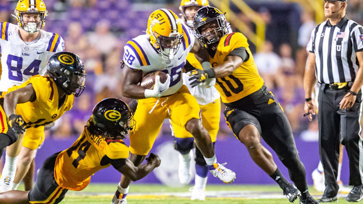 Kaleb Jackson runs the ball as the LSU Tigers take on Grambling State at Tiger Stadium in Baton Rouge, Louisiana, Saturday, Sept. 9, 2023.