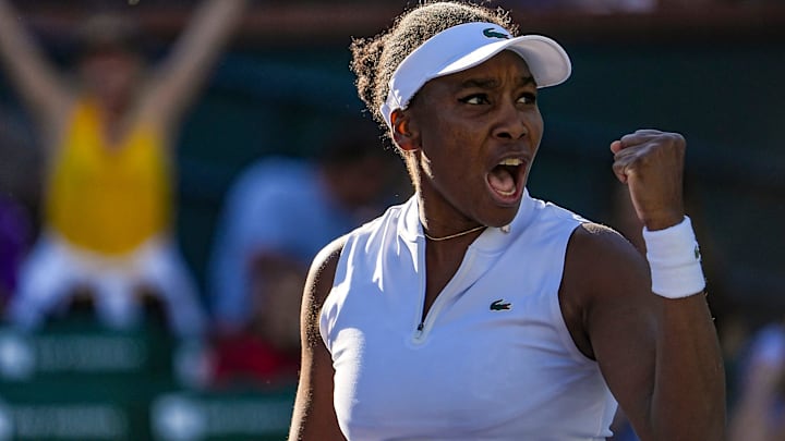 Venus Williams reacts to winning the second set against Diane Parry during their first-round match at the BNP Paribas Open in Indian Wells, Calif., Thursday, March 5, 2026.