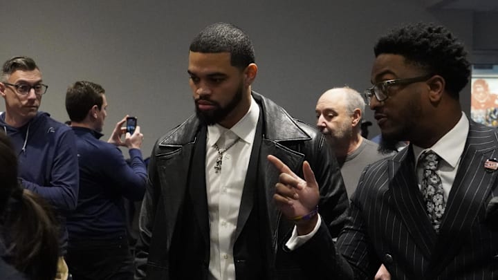 Jan 22, 2025; Lake Forest, IL, USA; Chicago Bears quarterback Caleb Williams arrives at a press conference introducing new head coach Ben Johnson at PNC Center.