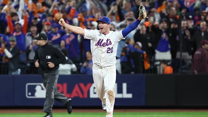 Oct 9, 2024; New York, New York, USA; New York Mets first baseman Pete Alonso (20) celebrates after defeating the Philadelphia Phillies in game four of the NLDS for the 2024 MLB Playoffs at Citi Field. 