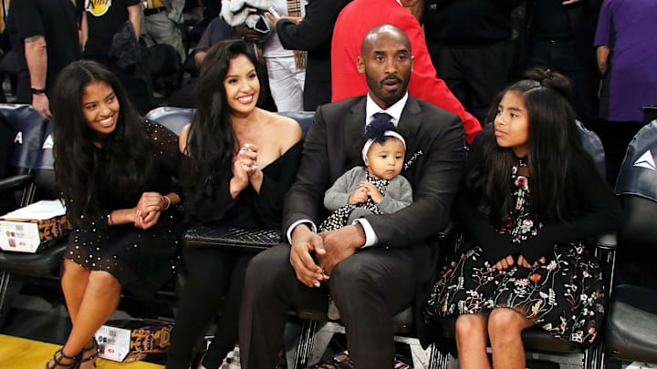 December 18, 2017: The retirement of the Los Angeles Lakers Kobe Bryant's 8 and 24 jerseys with Gianna, Vanessa, Kobe Bryant holding Bianka, and Natalia.