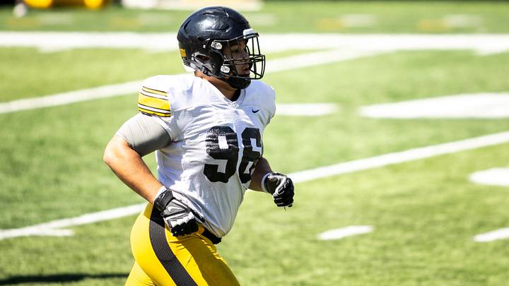 Apr 26, 2025; Iowa City, IA, USA; Iowa defensive lineman Bryce Hawthorne (96) runs a drill during a spring NCAA football open practice at Kinnick Stadium. Mandatory Credit: Joseph Cress/For the Register Apr 26, 2025; Iowa City, IA, USA; Iowa defensive lineman Bryce Hawthorne (96) runs a drill during a spring NCAA football open practice at Kinnick Stadium. Mandatory Credit: Joseph Cress/For the Register