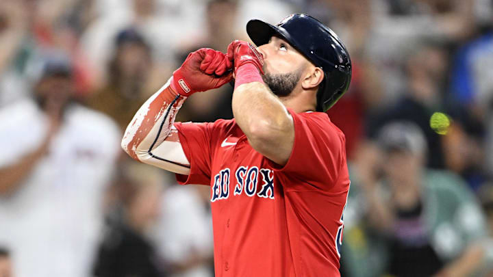 Aug 8, 2025; San Diego, California, USA; Boston Red Sox right fielder Wilyer Abreu (52) looks skyward after hitting a two-run home run during the fourth inning against the San Diego Padres at Petco Park. Mandatory Credit: Denis Poroy-Imagn Images