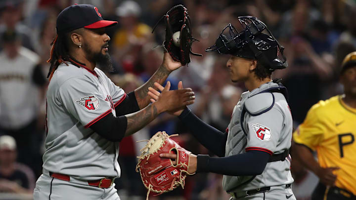 Apr 18, 2025; Pittsburgh, Pennsylvania, USA;  Cleveland Guardians pitcher Emmanuel Clase (48) and catcher Bo Naylor (23) celebrate after defeating the Pittsburgh Pirates at PNC Park. Mandatory Credit: Charles LeClaire-Imagn Images