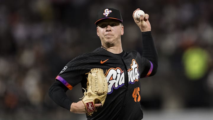 May 13, 2025; San Francisco, California, USA; San Francisco Giants relief pitcher Kyle Harrison (45) throws against the Arizona Diamondbacks during the seventh inning at Oracle Park.