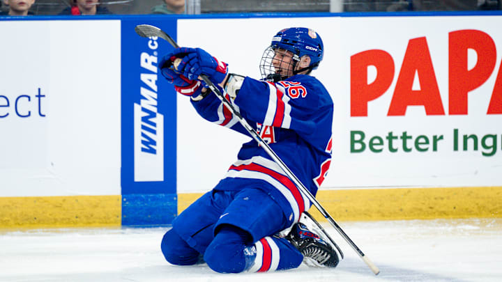 Victor Plante celebrates after scoring in overtime to give the U.S. National Under-18 Team the series win over Canada in the 2025 CHL-USA Prospects Challenge. 