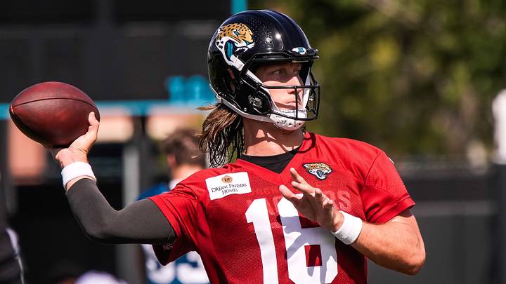 Jacksonville Jaguars Quarterback Trevor Lawrence (16) passes while wearing a sleeve on his throwing arm after the Jacksonville Jaguars seventh day of NFL Training Camp at the Miller Electric Center in Jacksonville, Fla., Thursday August 6, 2026.    [Doug Engle/Florida Times-Union]