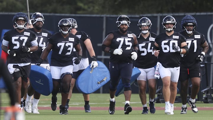 Jul 24, 2025; Houston, TX, USA; Houston Texans offensive linemen during training camp at Houston Methodist Training Center. Mandatory Credit: Troy Taormina-Imagn Images