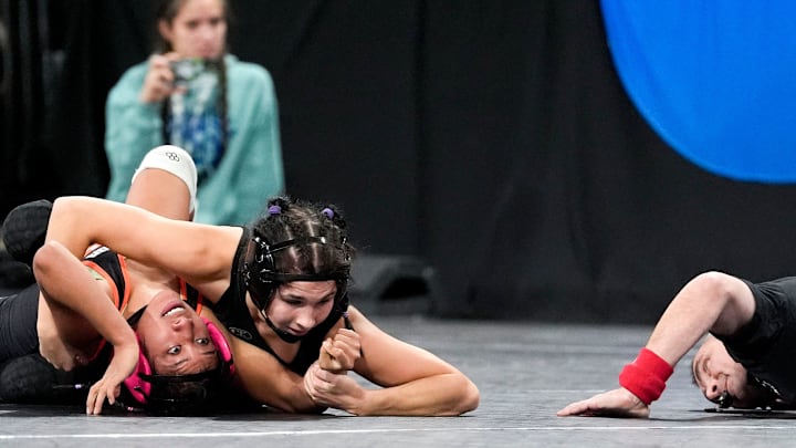 Katie Biscoglia is back in the semifinals for Raccoon River-Northwest as the girls state wrestling tournament.