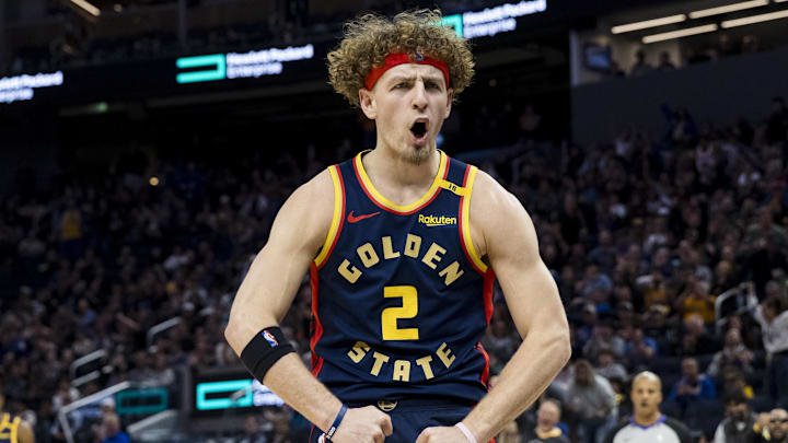 Nov 27, 2024; San Francisco, California, USA; Golden State Warriors guard Brandin Podziemski (2) reacts after being fouled by Oklahoma City Thunder center Isaiah Hartenstein (55) during the third quarter at Chase Center. Nov 27, 2024; San Francisco, California, USA; Golden State Warriors guard Brandin Podziemski (2) reacts after being fouled by Oklahoma City Thunder center Isaiah Hartenstein (55) during the third quarter at Chase Center.