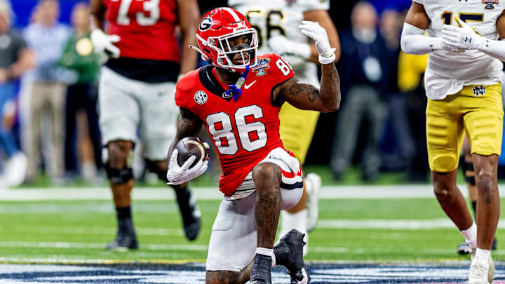 Jan 2, 2025; New Orleans, LA, USA; Georgia Bulldogs wide receiver Dillon Bell (86) reacts after a play against the Notre Dame Fighting Irish during the second quarter at Caesars Superdome. Mandatory Credit: Stephen Lew-Imagn Images Jan 2, 2025; New Orleans, LA, USA; Georgia Bulldogs wide receiver Dillon Bell (86) reacts after a play against the Notre Dame Fighting Irish during the second quarter at Caesars Superdome. Mandatory Credit: Stephen Lew-Imagn Images