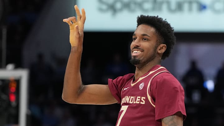 Mar 12, 2026; Charlotte, NC, USA; Florida State Seminoles forward Chauncey Wiggins (7) reacts after scoring in the first half at Spectrum Center. Mandatory Credit: Bob Donnan-Imagn Images Mar 12, 2026; Charlotte, NC, USA; Florida State Seminoles forward Chauncey Wiggins (7) reacts after scoring in the first half at Spectrum Center. Mandatory Credit: Bob Donnan-Imagn Images